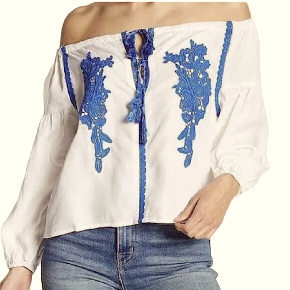 LINE & DOT Womens Blue FloralEmbroidered Off the Shoulder Blouse